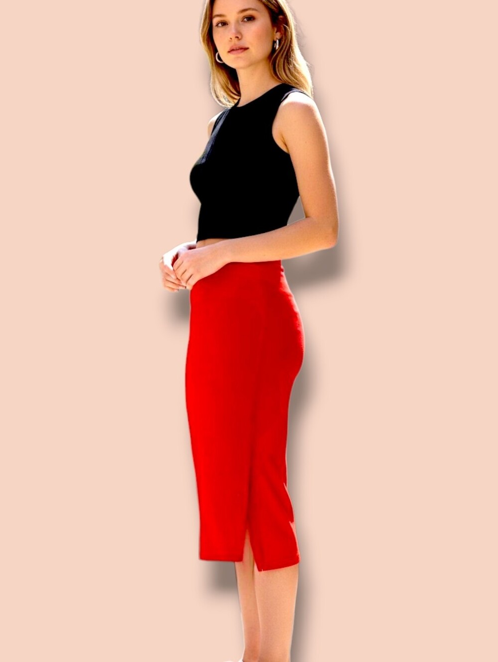 👠Forever 21 Red Pull-on Midi Skirt with Side Slit - Picture 4 of 9